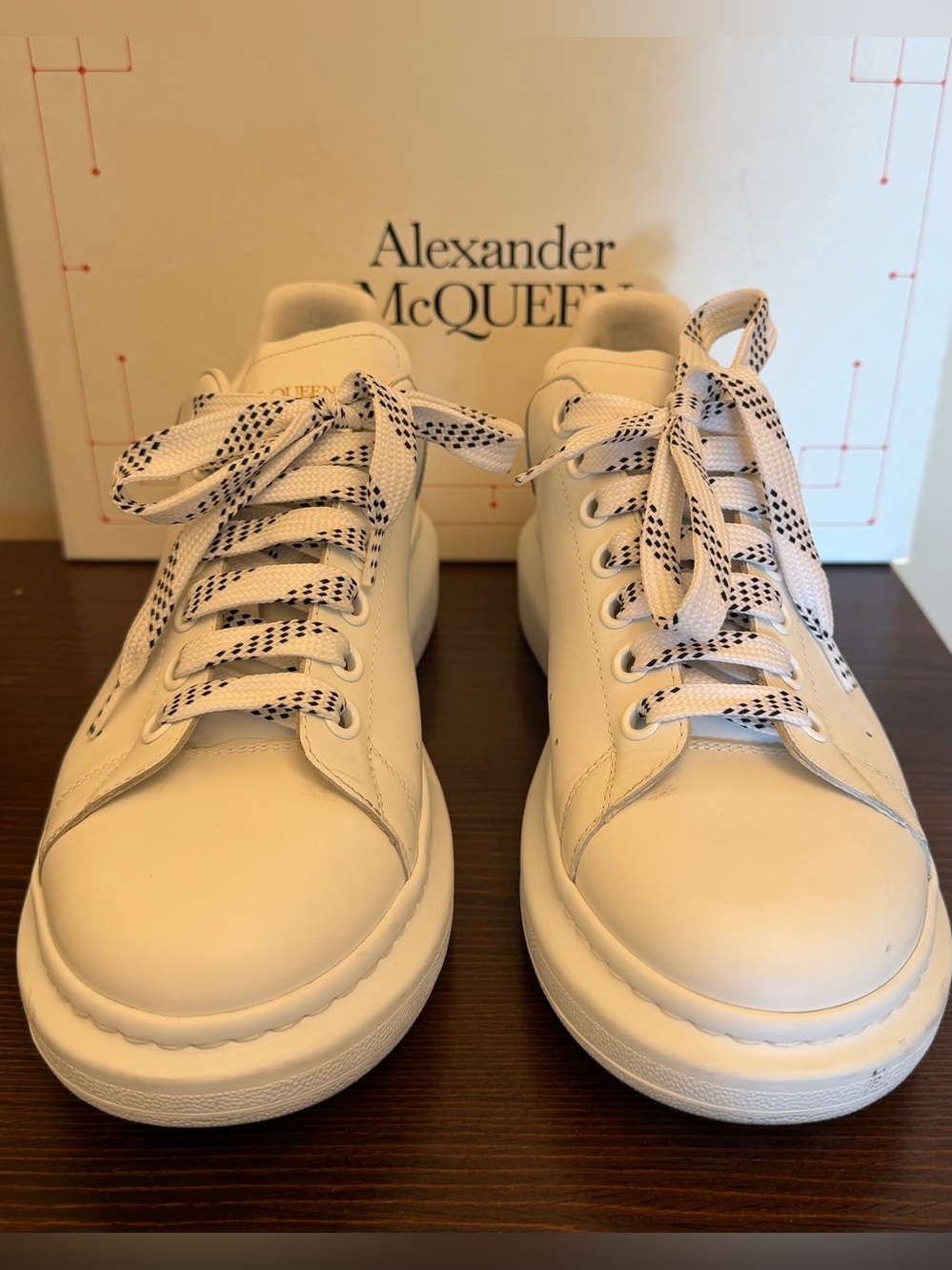 Alexander McQueen White Leather Sneakers with Black-Patterned Laces size 42